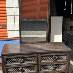 vintage 6 drawer dresser with mirror solid wood grey(L50”*D18”*D30”)