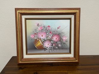 Vintage Pink Floral Basket Oil Painting Framed Art