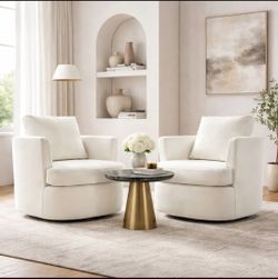 Set of 2  360° Beige Modern Swivel Barrel Chair Chenille Upholstered Comfy Accent Armchair with Tall Backrest