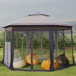 12 ft. Steel Fabric Hexagonal Pop Up Patio Gazebo with Breathable Mesh Sidewalls and Steel Supporting Frame, Coffee