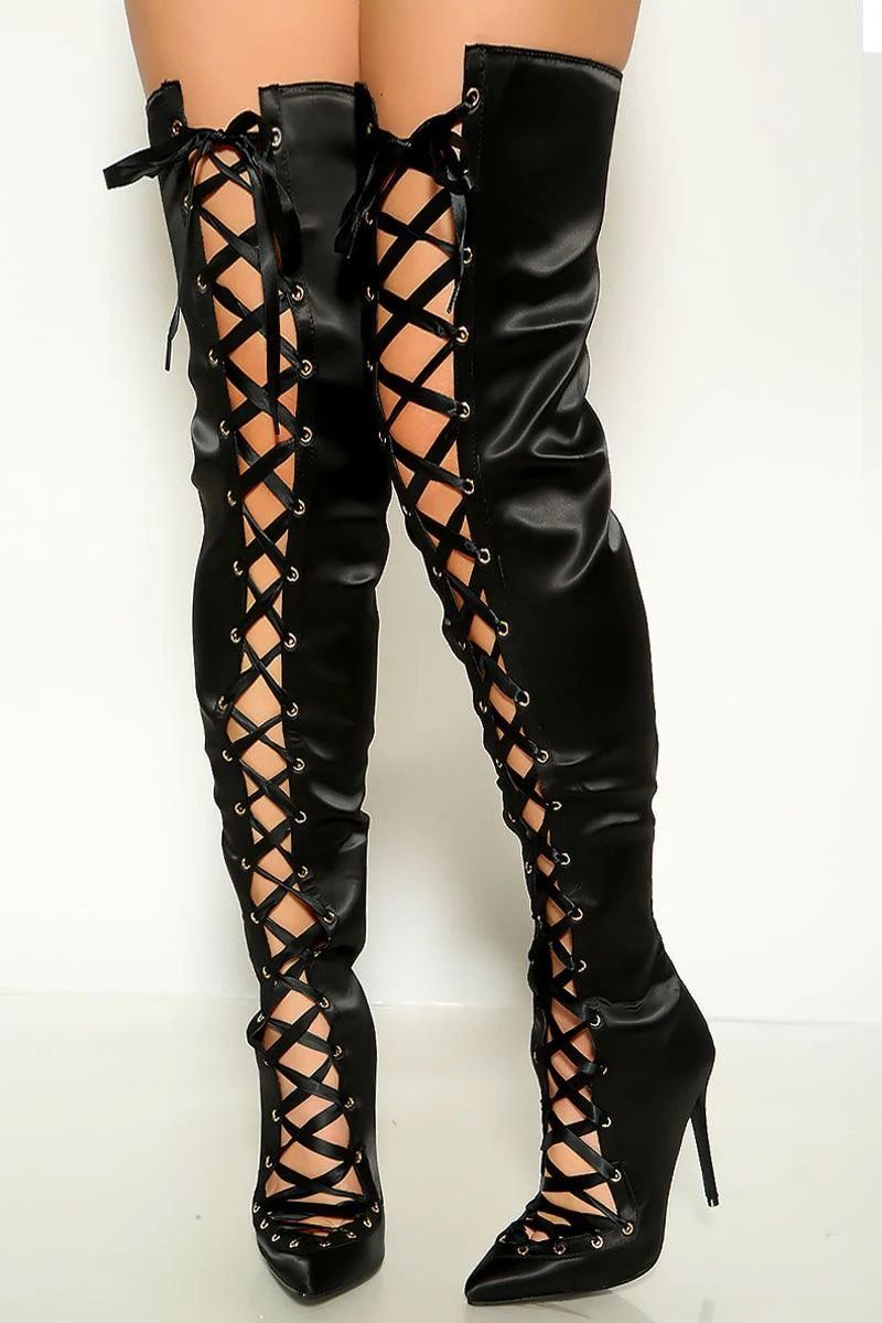 NEW!!!!!!! SEXY BLACK SATIN LACE UP POINTY TOE THIGH HIGH BOOTS