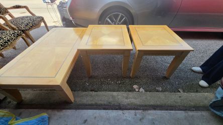 Selling coffee and table set, upholstery chairs, and suade bench