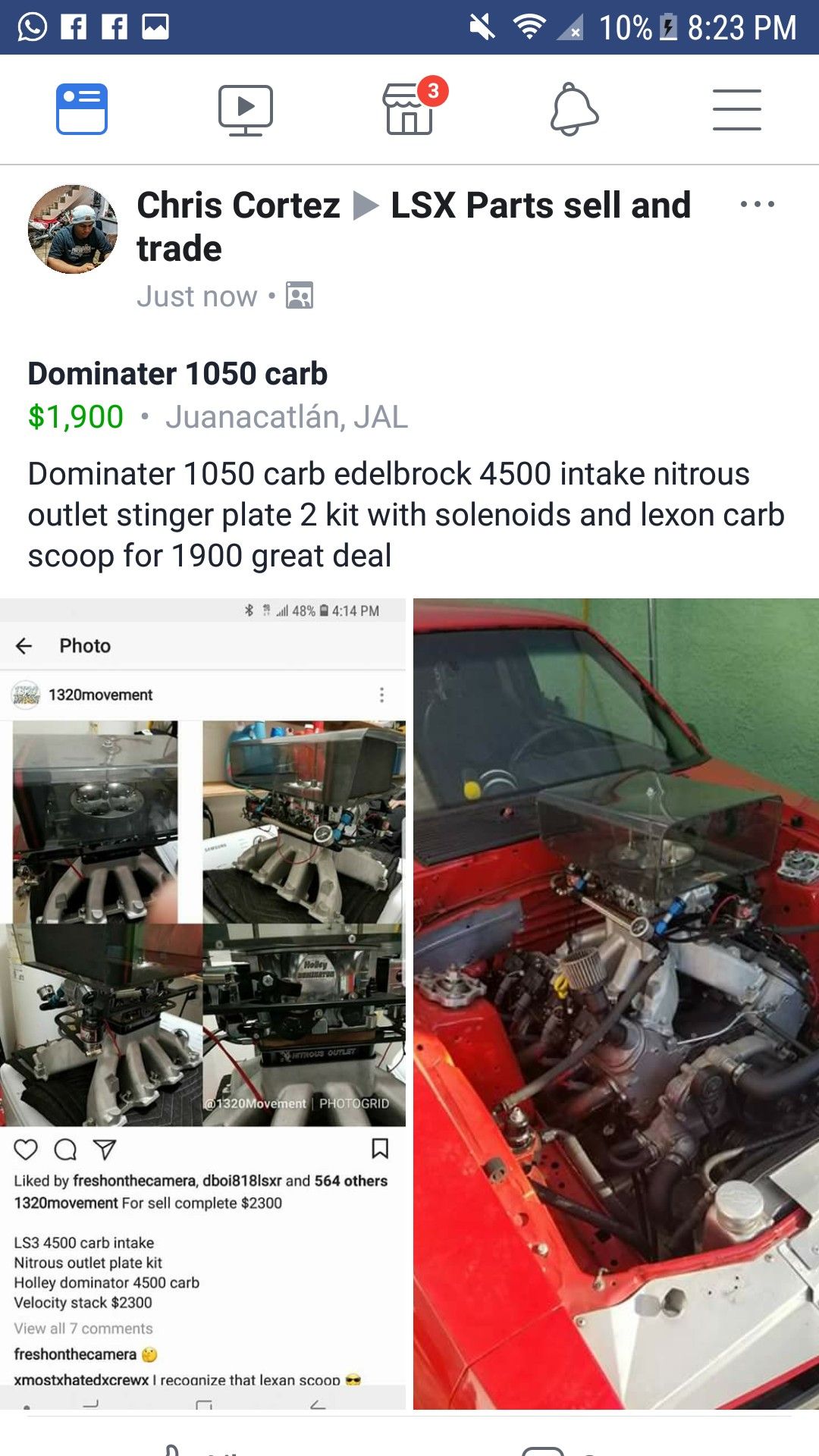 Dominater 1050 carb edelbrock 4500 nitrous outlet stinger plate 2 and lexon carb scoop