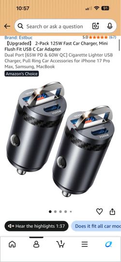 Estbuc 2-Pack 125W Fast USB C Car Charger