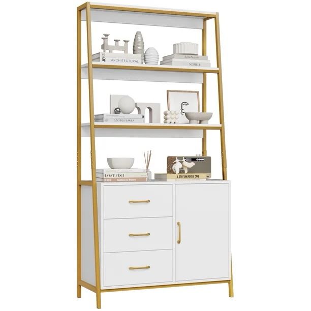 3 Tier Display Bookcase with 3 Drawers, Gold Metal Frame Bookshelf for Living room, White Finish Features: 【Sturdy and Stable】 Designed wit