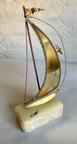 Vintage MCM Signed John De Mott Brass Sailboat Sculpture on Onyx Base