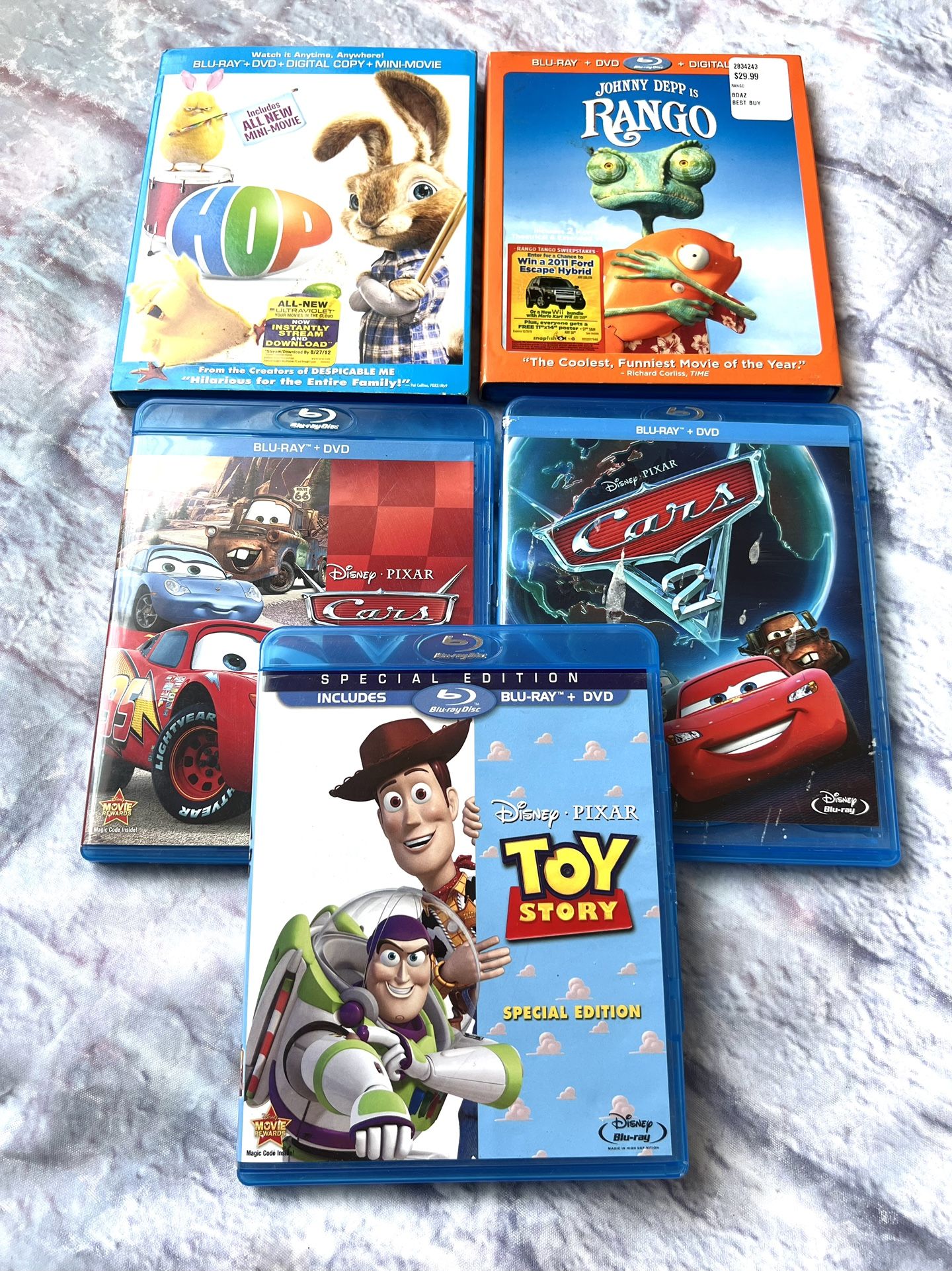 5 Disney Blu Ray DVD Movies Disney Kids Children’s Hop Rango Cars Toy Story Lot