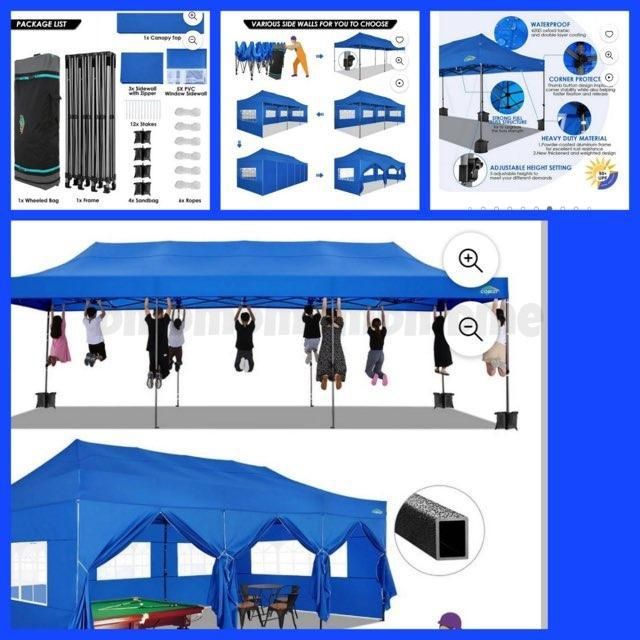 10´ x 30´ Pop Up Canopy Commercial Heavy Duty Tent Waterproof Outdoor Party Canopies with 8 Removable Sidewalls, Carrying Bag, 4 Stakes, 4 Ropes, Blue Sports & Outdoors