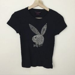 PLAYBOY Rare Vintage Y2K Black Silver Rhinestone Bling Sexy Tee