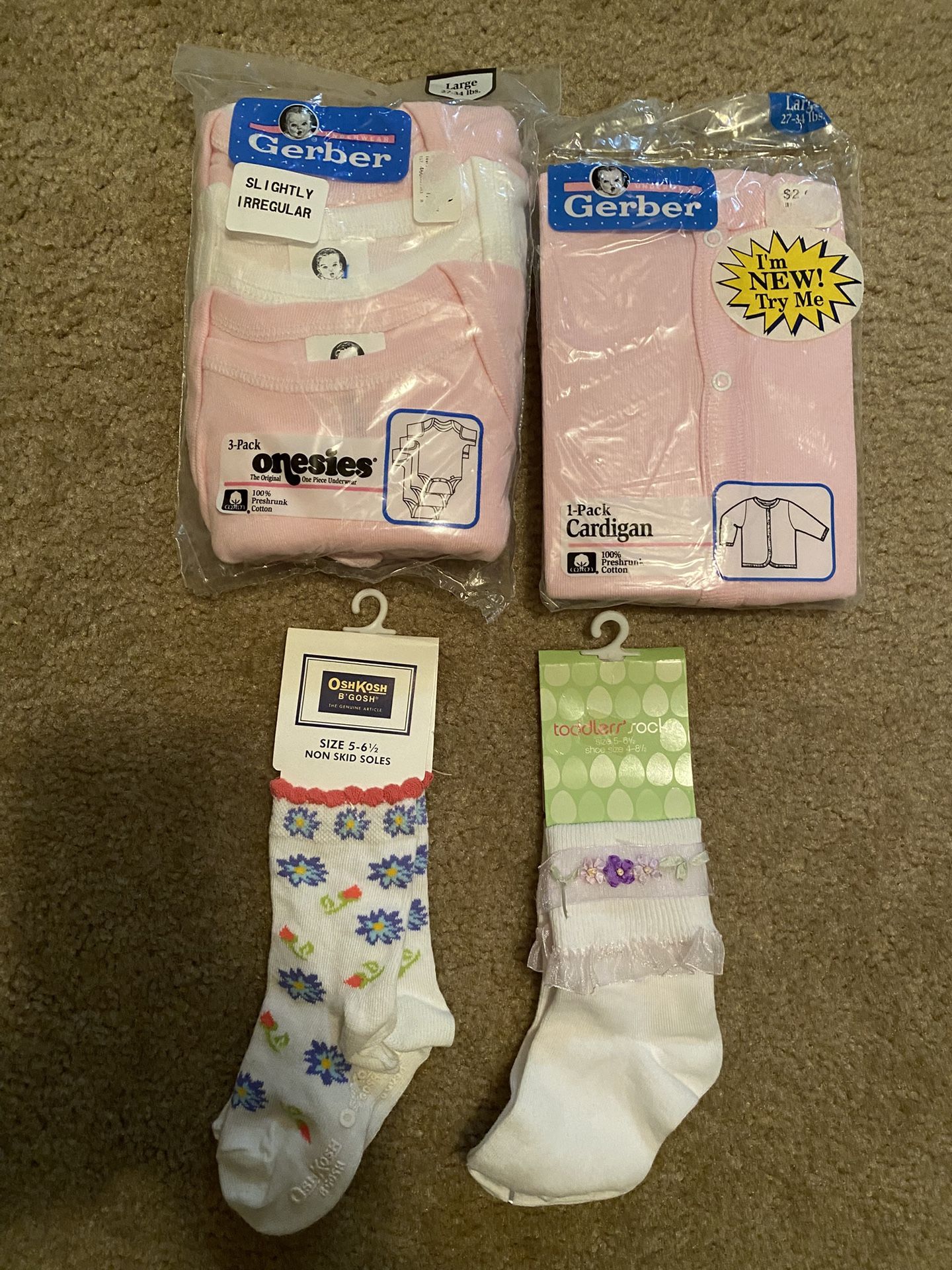 New Vintage Baby Girl Size Large Pink Onesies, Cardigan, and Socks