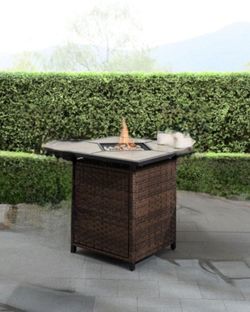 Outdoor Gas Fire Pit Table — Wicker, Tile Top, New