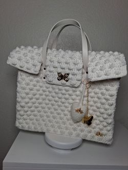 White Crochet Tote Bag with Gold Charms