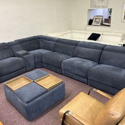 Furniture- 6 Pc Fabric Sectional With 3 Power Recliners And Console - Nevio