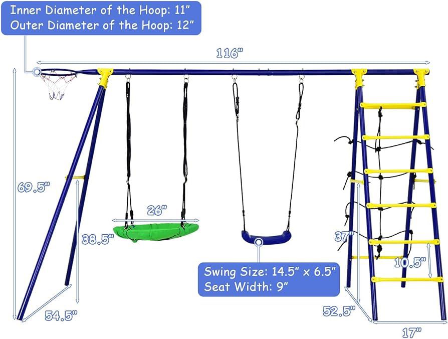 Costzon 550lbs Swing Sets for Backyard, 5 in 1 Heavy Duty Extra Large Metal Swing Frame with 2 Tree Swing, Climbing Ladder, Net, Basketball Hoop, Grou