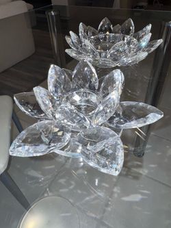 2 Large Crystal Lotus Flower Candle Holders / Centerpieces