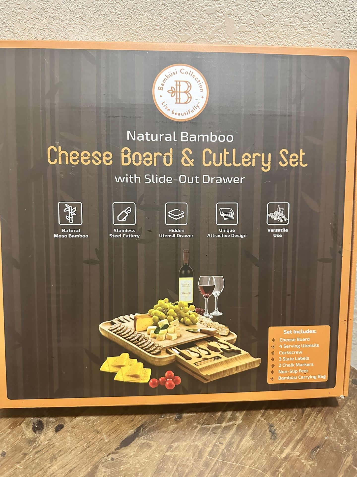 Babusi Natural Bamboo Cheese Board And Cutlery Set Charcuterie Board