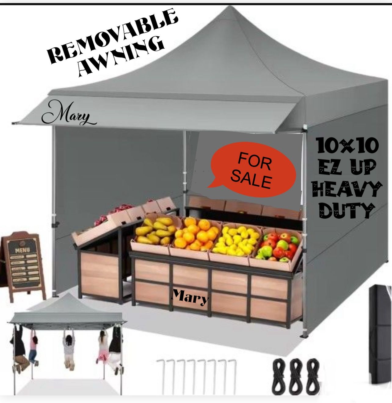 Pop Up 10x10Canopy Tent Heavy Duty with Awning, Sidewalls, Sand Bags and Rolling Bag.