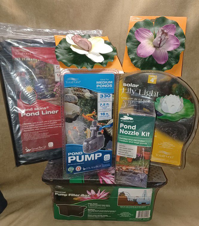 POND KIT..Pond Liner, Two(2) Pond Pumps, Tubing, Filter Box, Fountain Nozzle Kit