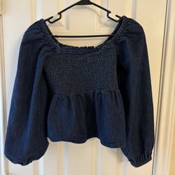 J Crew Puff Sleeve Smocked Chambray Denim Peplum Ruffle Top Size Small