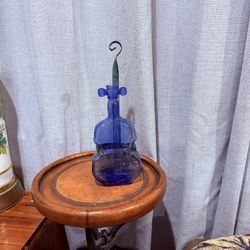 Vintage Cobalt Blue Violin Glass Bottle w/ Original Green Metal Stand