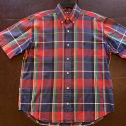 Polo Ralph Lauren Blake Short Sleeve Cotton Shirt Size M Plaid Royal Blue Red 