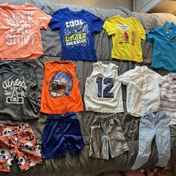 Childrens place boys size 4T clothes. Some have stains/snags. See pics! Swim trunks have liner cut out of them 