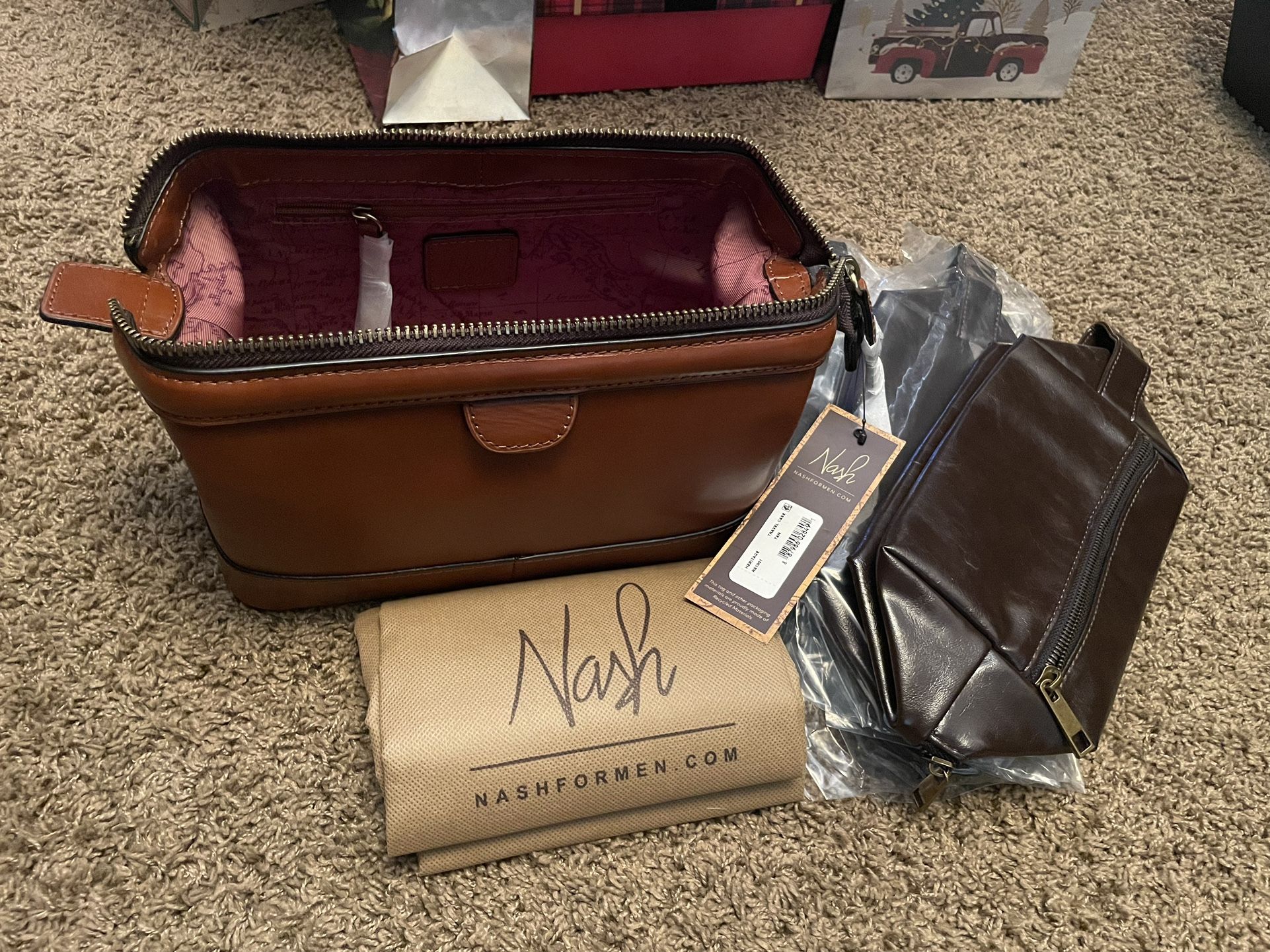 Nash (For Men) Leather Heritage Tan Travel Case + 3 Mini Dark Leather Soft Cases
