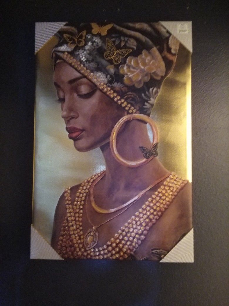 African Woman with Butterflies and Jewelry (Gold/Metallic Accents)
