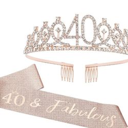 CIEHER 40th Birthday Crown 40 & Fabulous Birthday Sash Set Tiara 40th Party Attire Bling Rose Women 