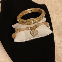 2 Beautiful Bracelets With Crystals And Goldtone..1 Bangle Bracelet(opens)And 1 Stretch Band Bracelet 