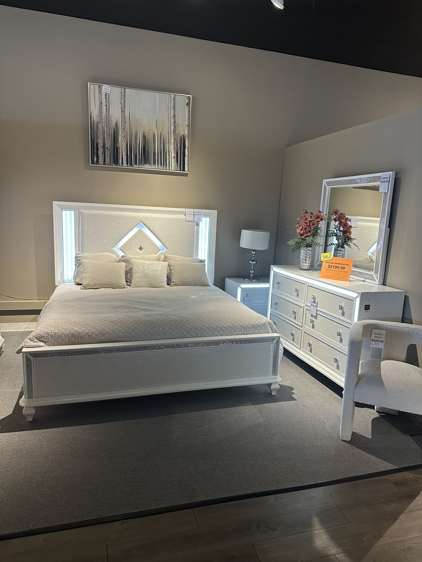 White 4PC King Bedroom Set With Touch Control Light 