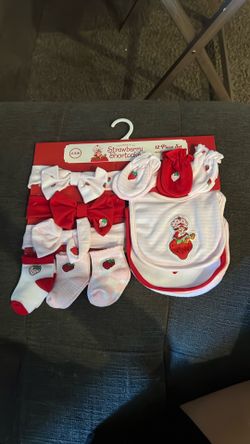 Strawberry shortcake bib, socks, mittens, and headbands