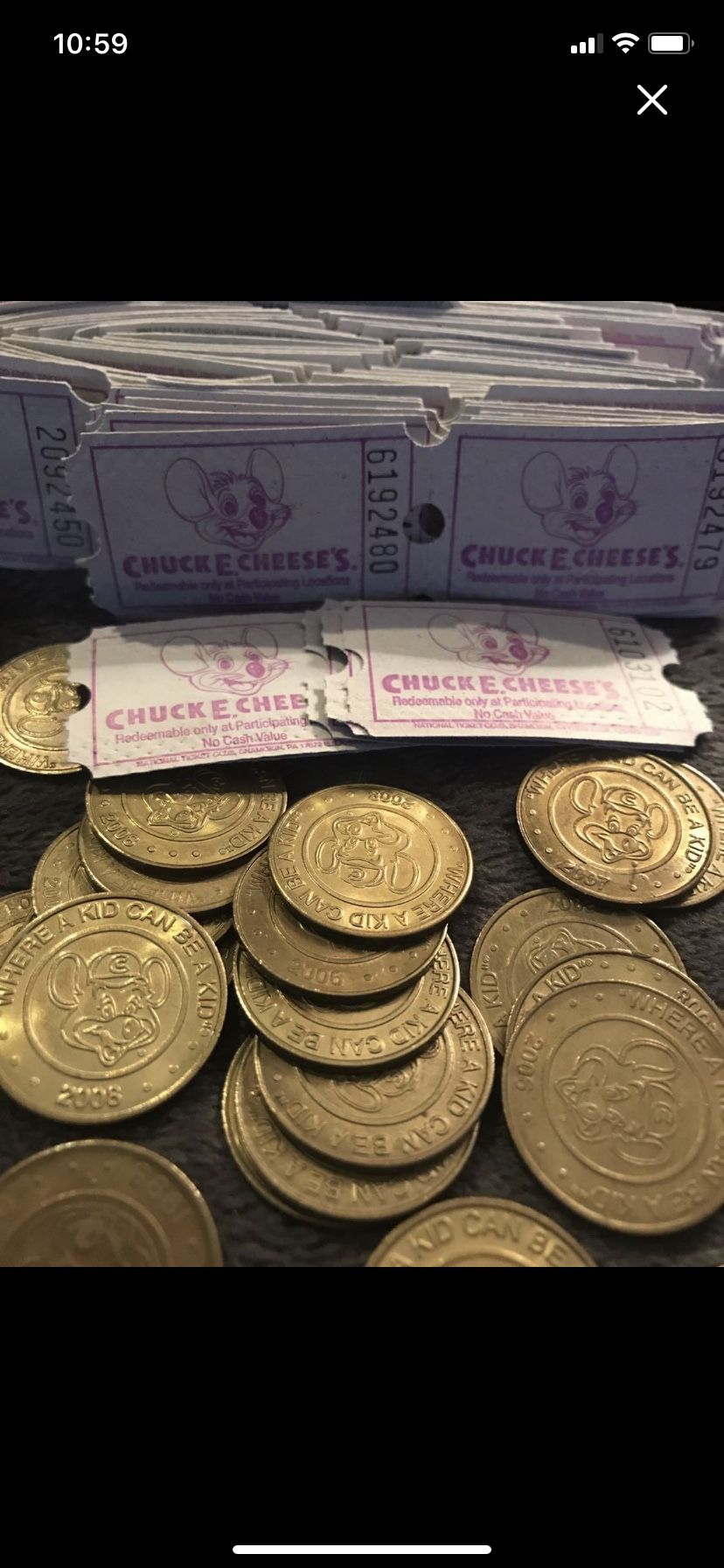 Chucky Cheese tokens and tickets