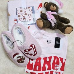 Christmas Gift Bundle Pink Ladies Sherpa Teddy Bear slippers | Candy Cane Teddy Bear Throw | Pink Candy Cane T-shirt & Plush Teddy Bear Toy🧸🍬 🎁✨️