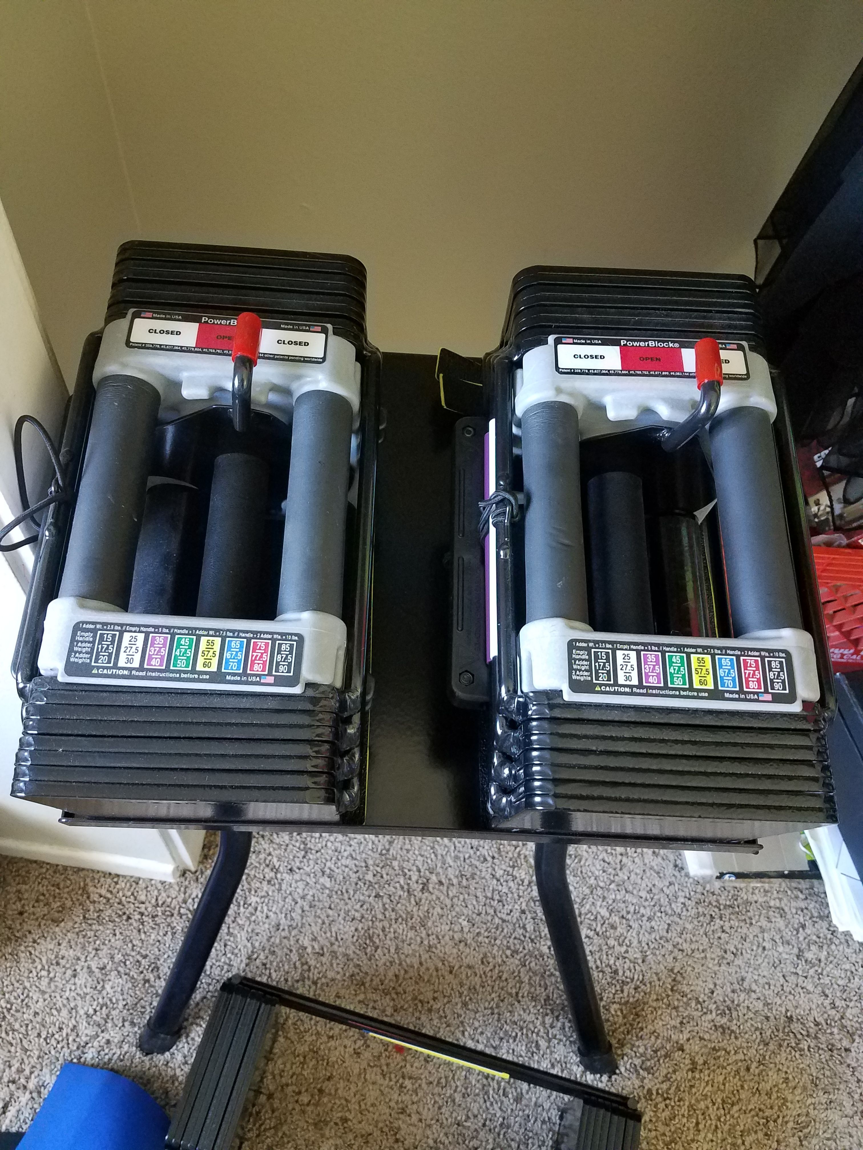 PowerBlock classic dumbbells,15-90 lbs, 90-130 extension kit,stand