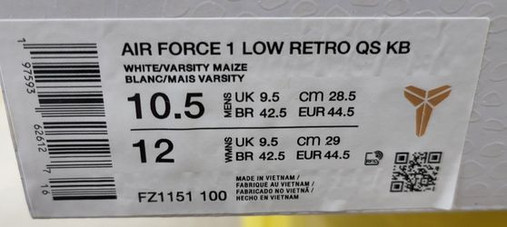 Nike Air Force 1 X Kobe Bryant Low Retro QS SZ 10.5