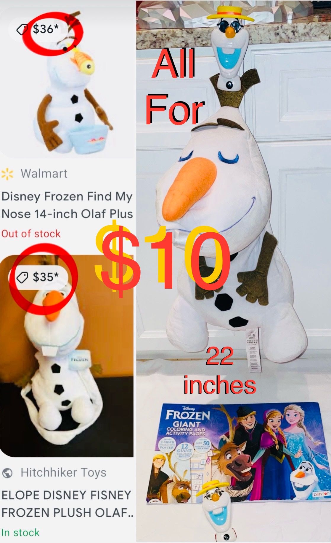 $10 Disney Bundle of Frozen Olaf 22” Plush,Olaf Towels Clips Set and Giant coloring Book good condi