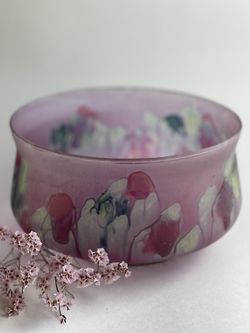 Rare Rueven Nouveau Art Satin Glass Serving Bowl  7" Hand Pain Israel Vintage