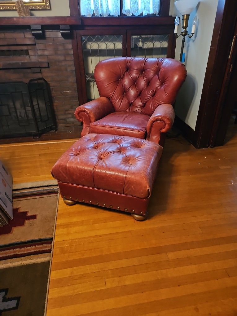 Dark Pink Leather Chair And ottoman