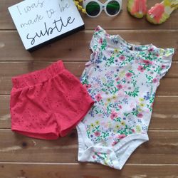 18-24MOS 2-PIECE OUTFIT MULTICOLOR FLUTTER SLEEVE BODYSUIT W/RED EYELET SHORTS