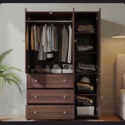 Armoire Wardrobe Closet with Drawers and Mirror, 71 Clothing Storage Cabinet with Hanging Rod C-10
