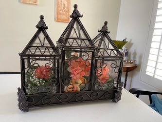 Decorative Wrought Iron Triple Lantern Centerpiece with Glass Panels