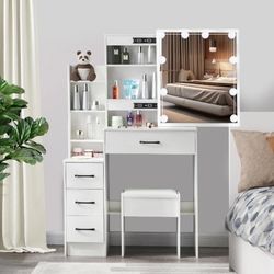 White Vanity Table Set with Sliding Mirror, Modern Makeup Desk with LED Lights, Dressing Table with 4 Drawers for Girls Bedroom