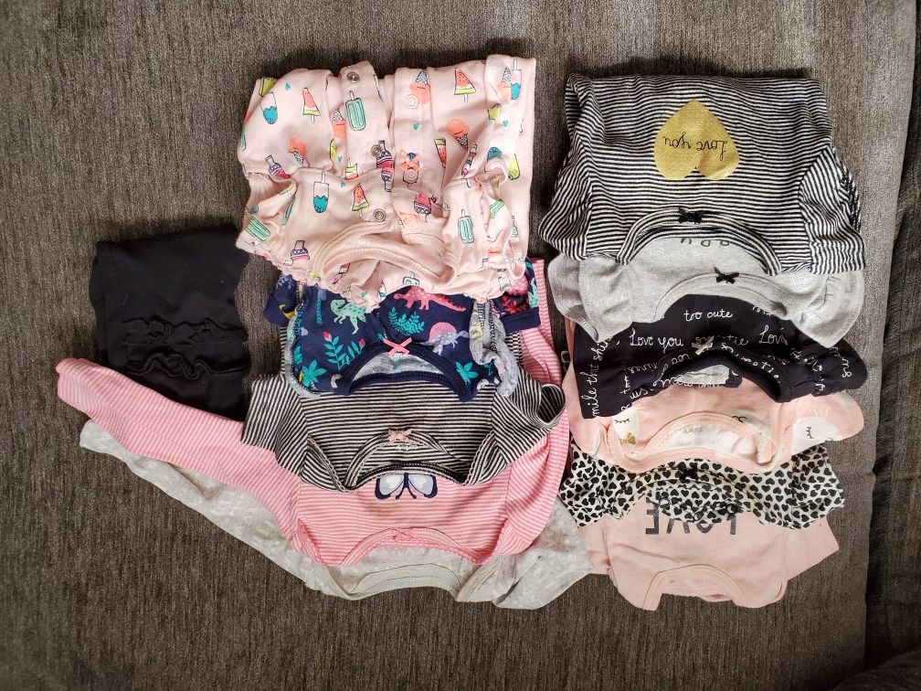Box of Baby Girl Clothes, photo album, diaper - Sz newborn to 6 months