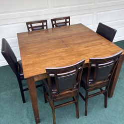 7-PC LARGE BROWN FINISH HIGH TOP DINING SET (TABLE AND 6 PADDED CHAIRS)