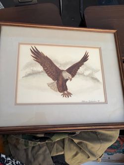 Vintage 1988 Patricia Richardson Bald Eagle Leaf Collage Watercolor Signed Art