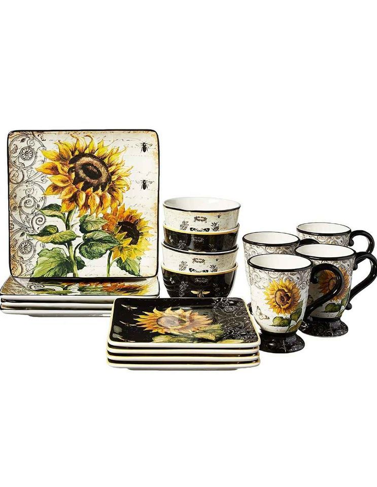 Brand new French Sunflower 16pc. Dinnerware Set, Service for 4, Multicolored