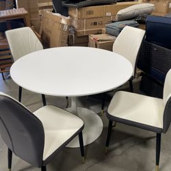 Assembled New Modern RoDining Table Set w/ 4 - PU Leather Upholstered Seats with Patterned Backrest