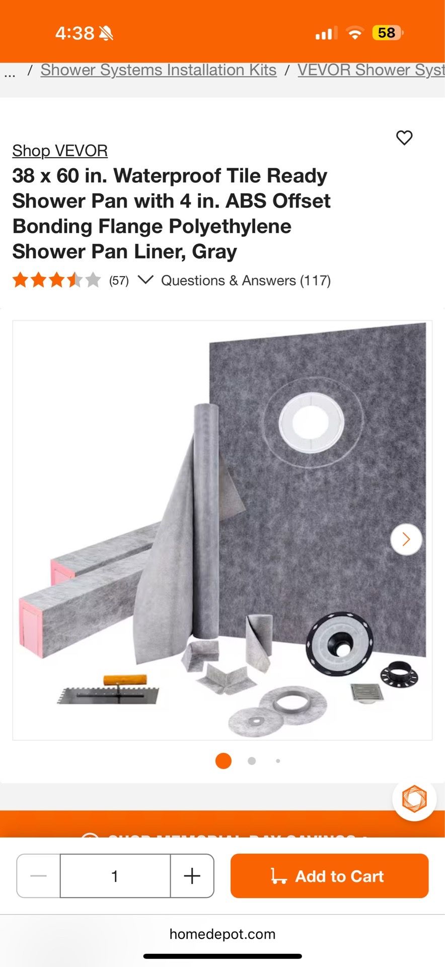 38 x 60 in. Waterproof Tile Ready Shower Pan with 4 in. ABS Offset Bonding Flange Polyethylene Shower Pan Liner, Gray