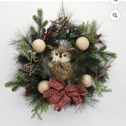 Christmas Wreath Woodland Owl Plaid Bow Holly Berry Decor